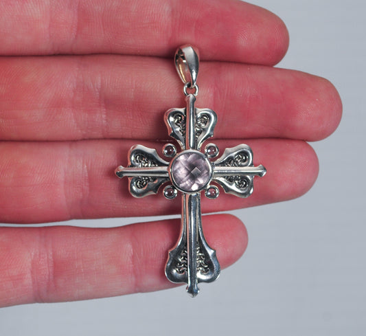 Designer Sterling Silver Rose Quartz Cross Pendant