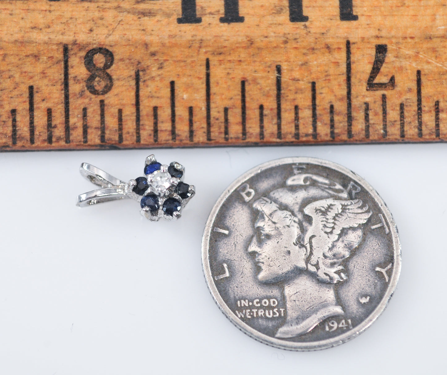 TINY 10K White Gold Sapphire Diamond Pendant