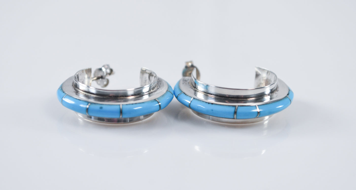 Sterling Silver Signed Zuni Turquoise Hoop Earrings