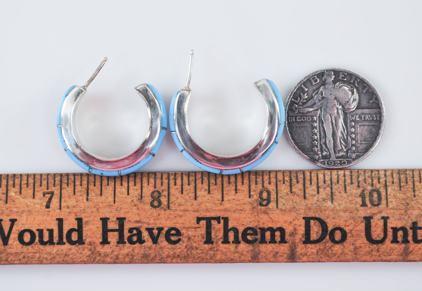 Sterling Silver Signed Zuni Turquoise Hoop Earrings