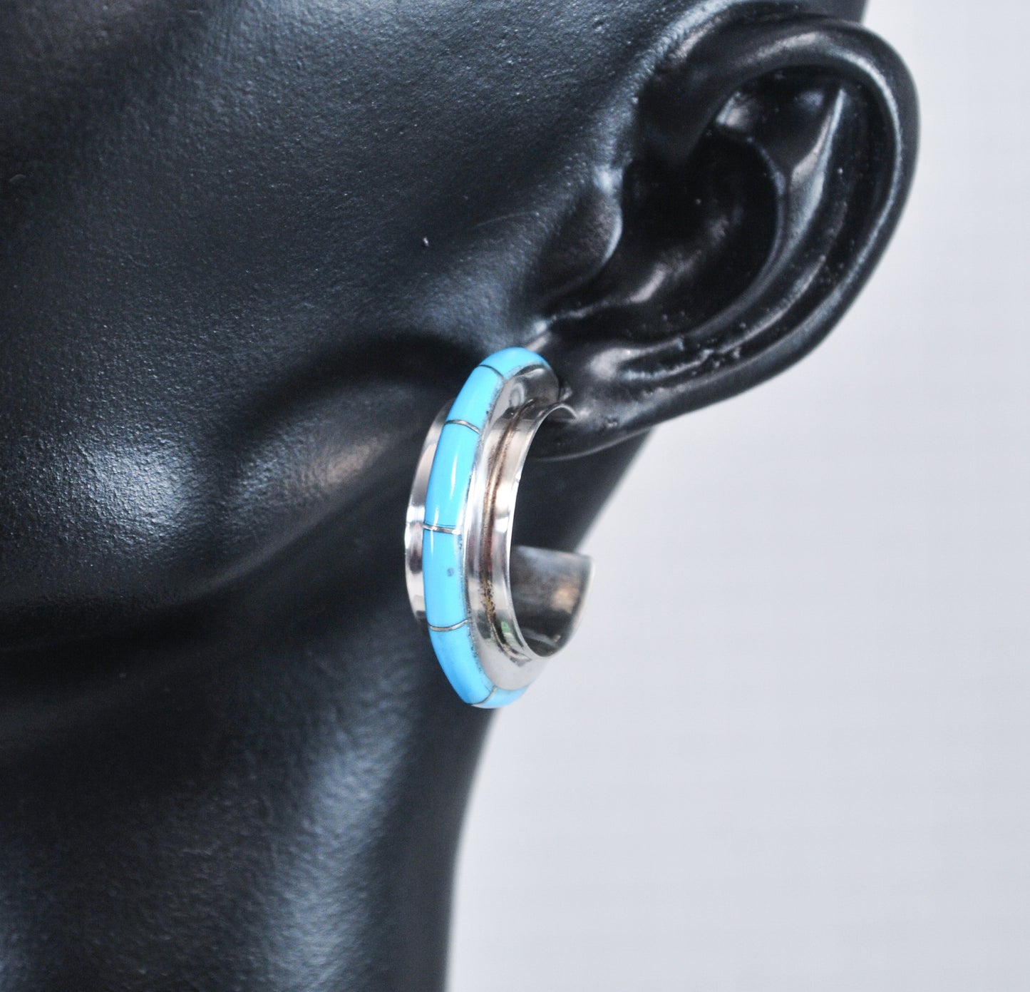 Sterling Silver Signed Zuni Turquoise Hoop Earrings