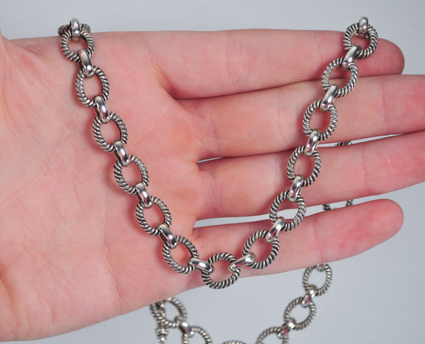 925 Sterling Silver Textured Rolo Link Toggle Necklace