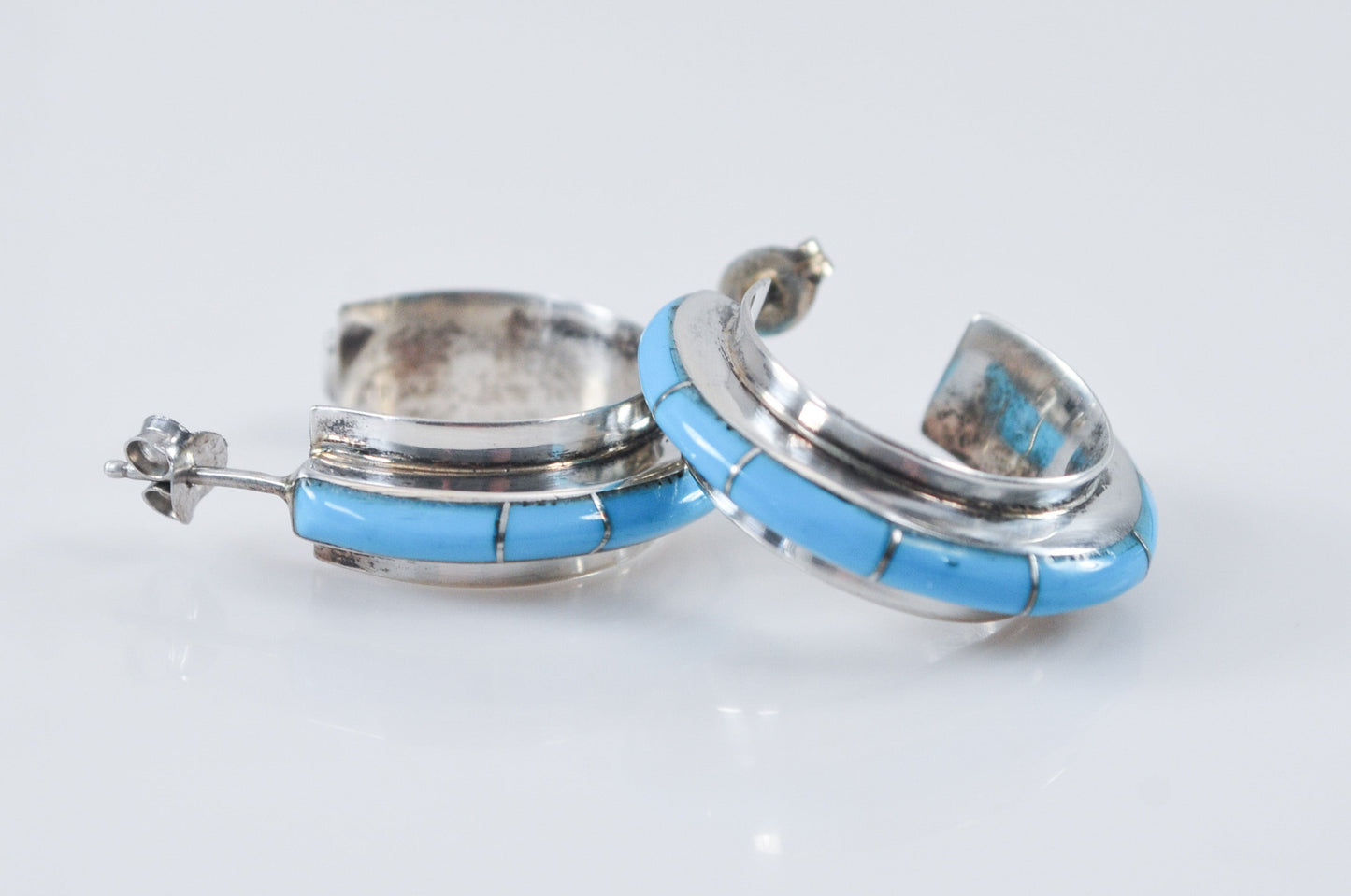 Sterling Silver Signed Zuni Turquoise Hoop Earrings