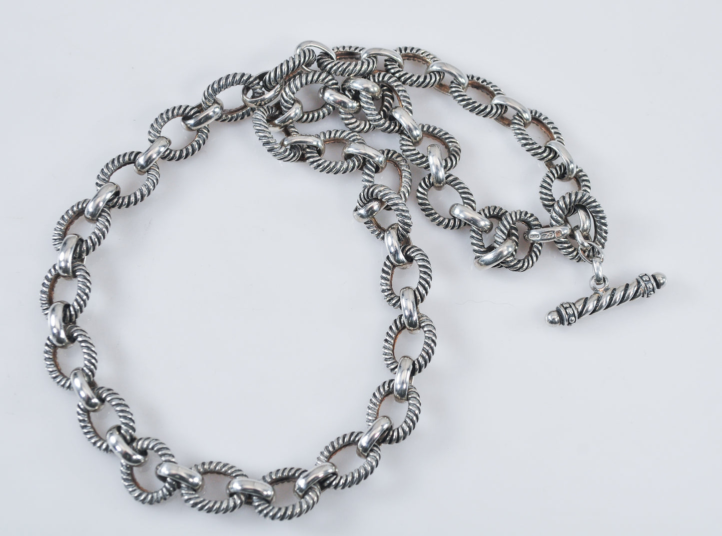 925 Sterling Silver Textured Rolo Link Toggle Necklace