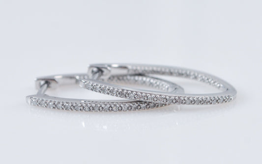 Signed Sterling Silver Diamond Hoop Earrings