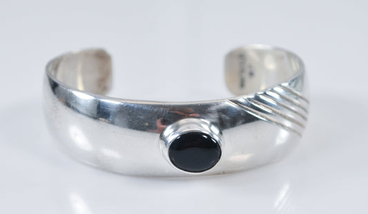 Signed Navajo Sterling Silver Black Onyx Cuff Bracelet