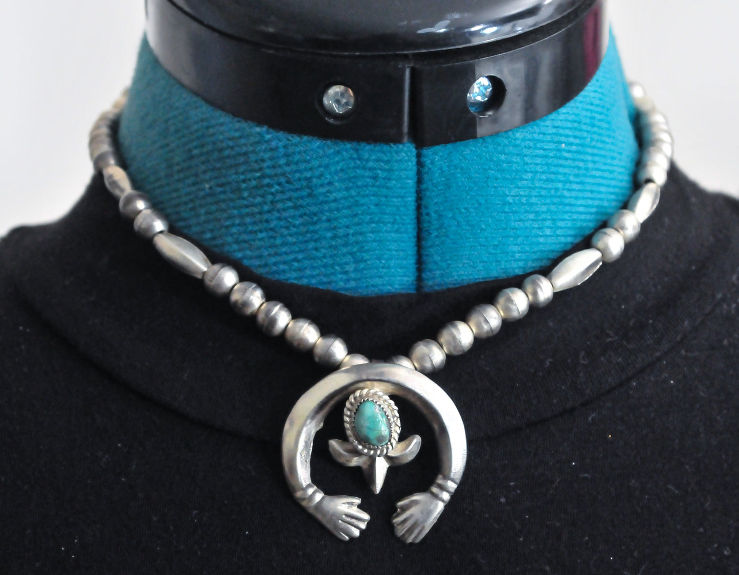 Navajo Sterling Silver Turquoise Naja Pendant with Coin Silver Beaded Necklace