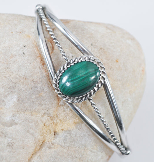 Signed Navajo Sterling Silver Malachite Cuff Bracelet