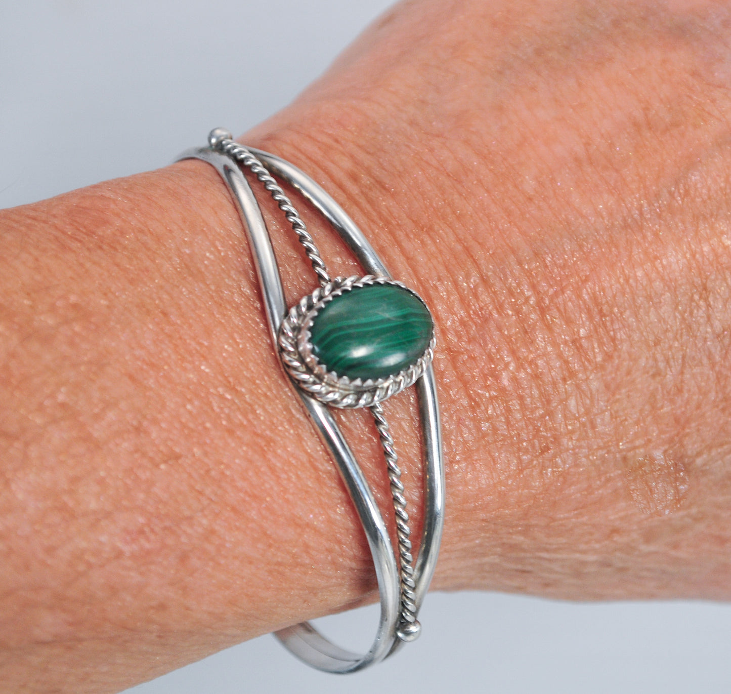 Signed Navajo Sterling Silver Malachite Cuff Bracelet