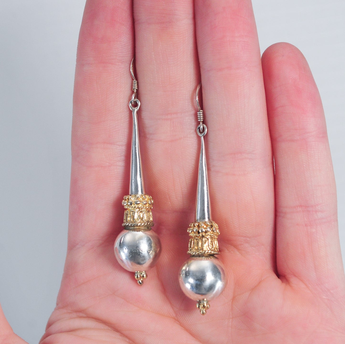 Long Sterling Silver Two Tone Bali Style Earrings