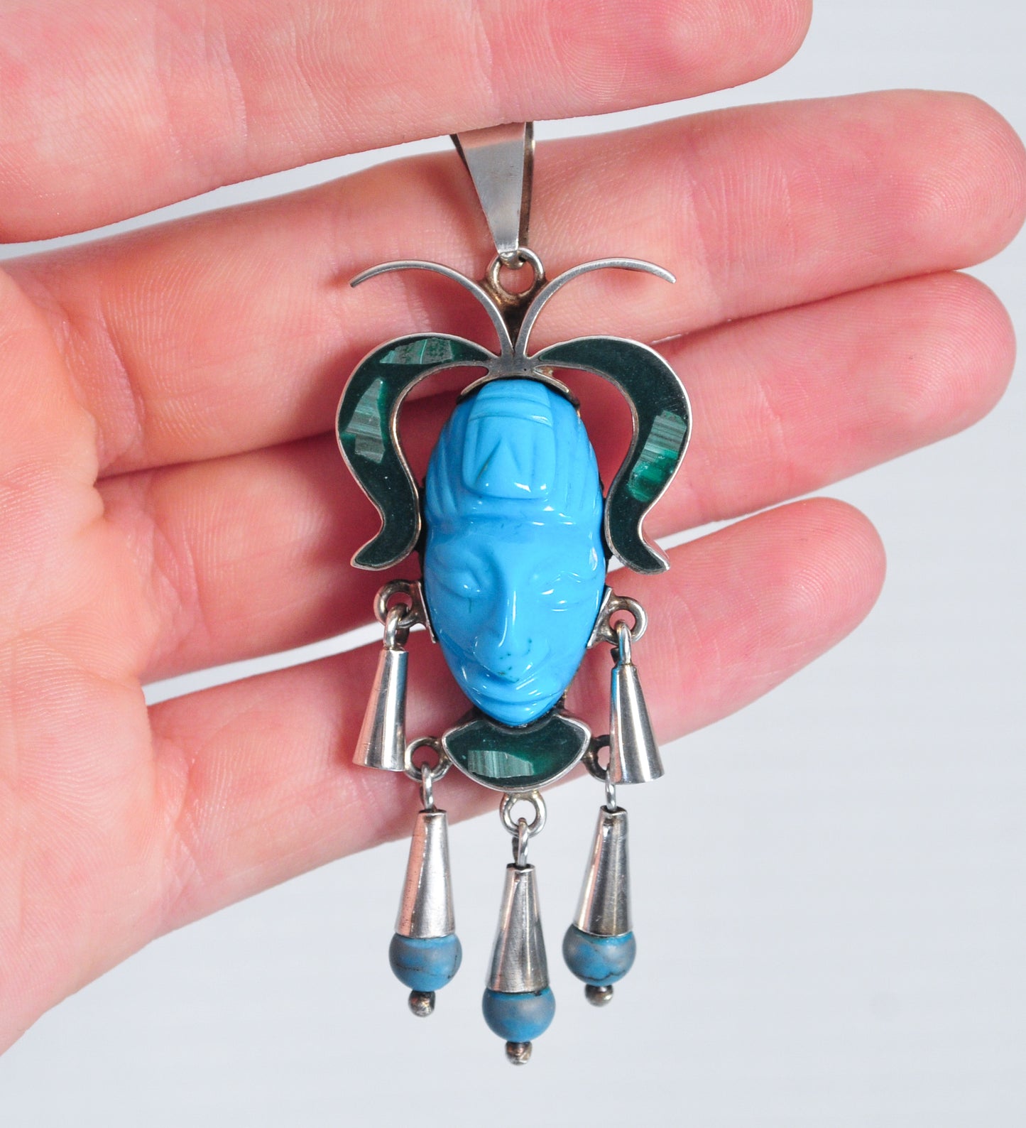 Vintage Taxco Sterling Silver Carved Turquoise Face Pendant