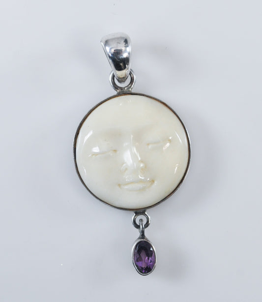 Vintage Sterling Silver Carved Bone Moon Face Pendant