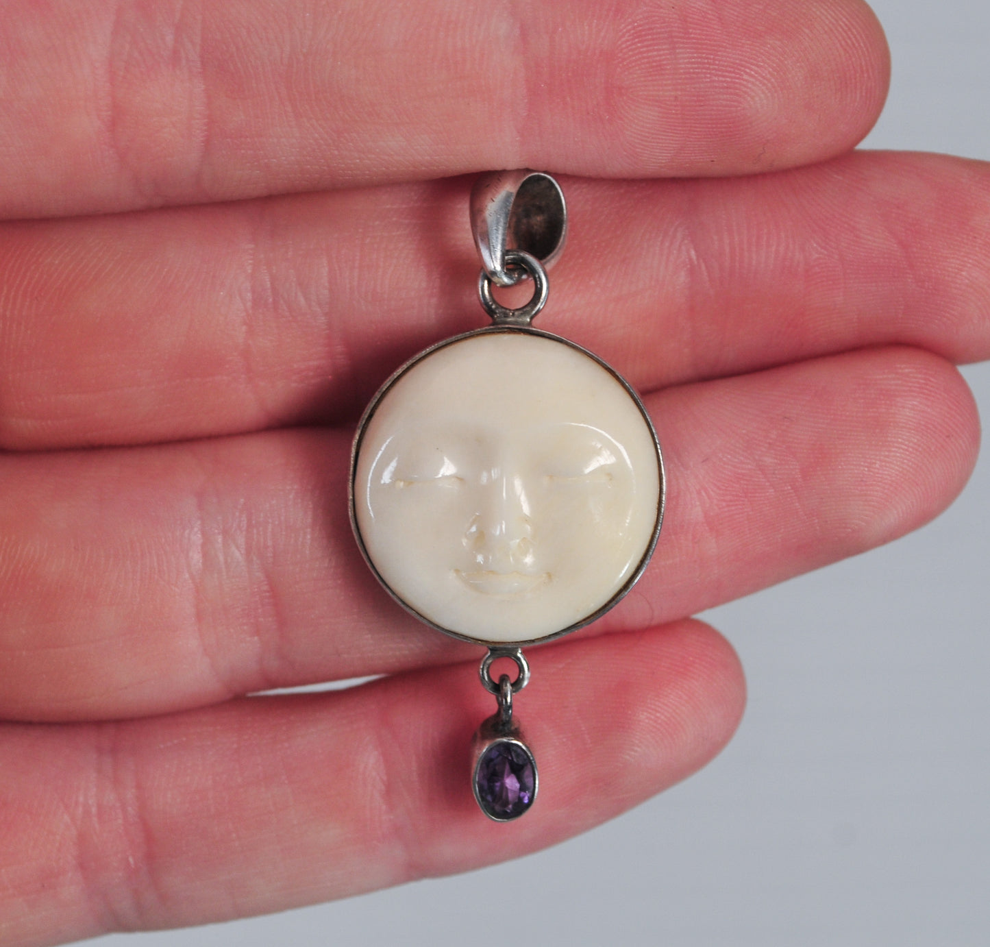 Vintage Sterling Silver Carved Bone Moon Face Pendant