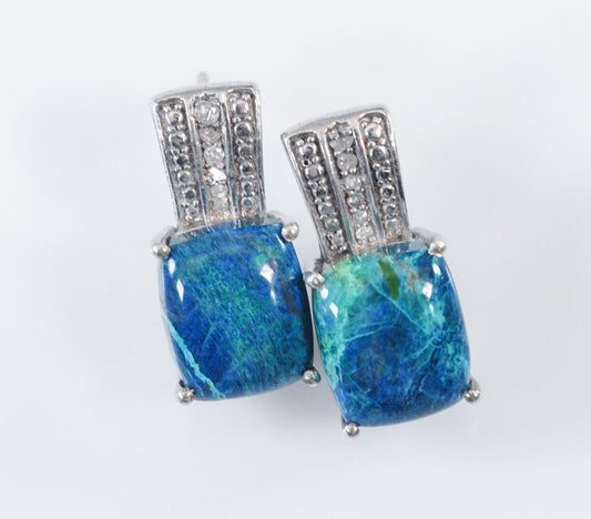 Signed Sterling Silver Chrysocolla Diamond Chip Earrings