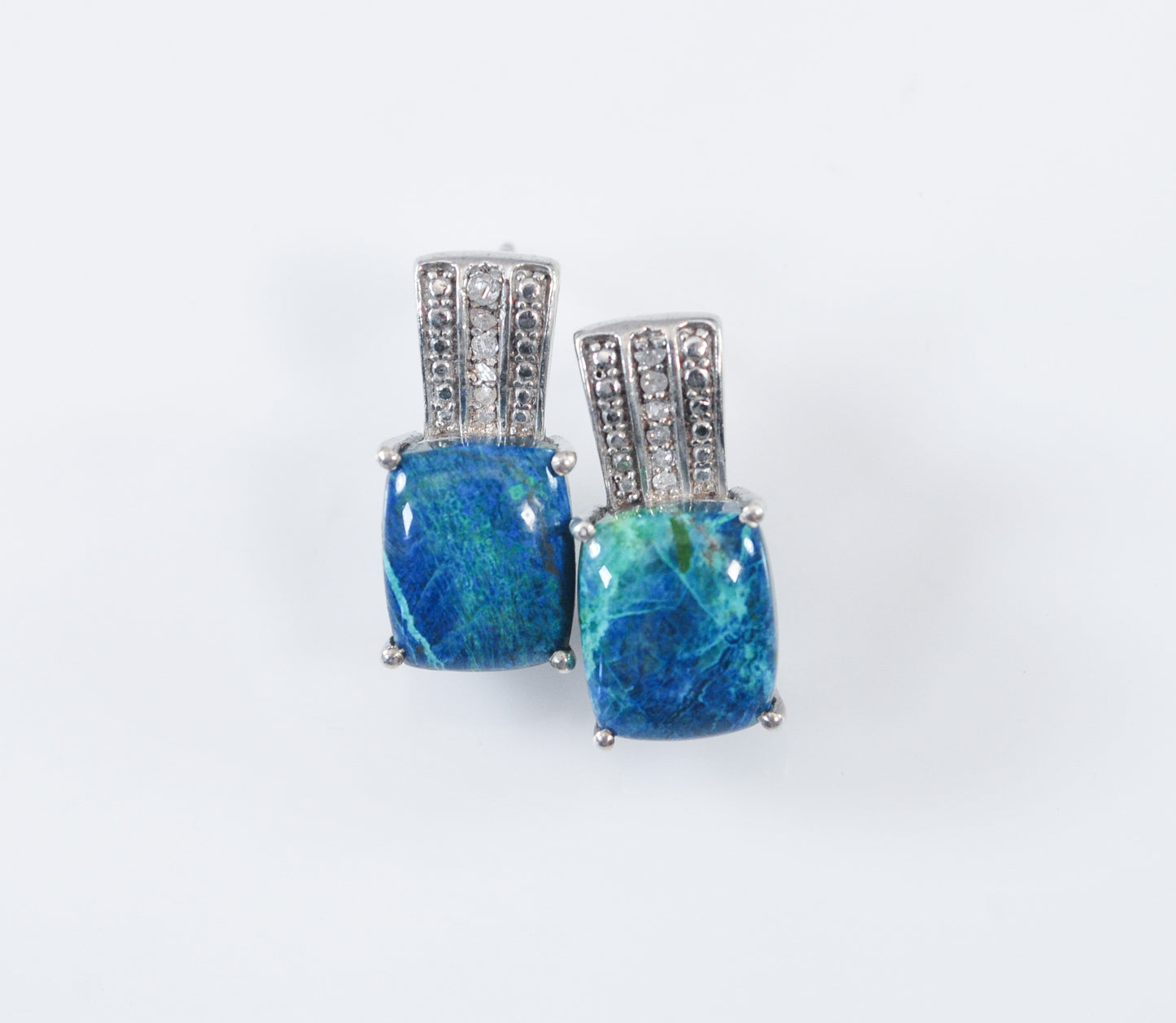 Signed Sterling Silver Chrysocolla Diamond Chip Earrings