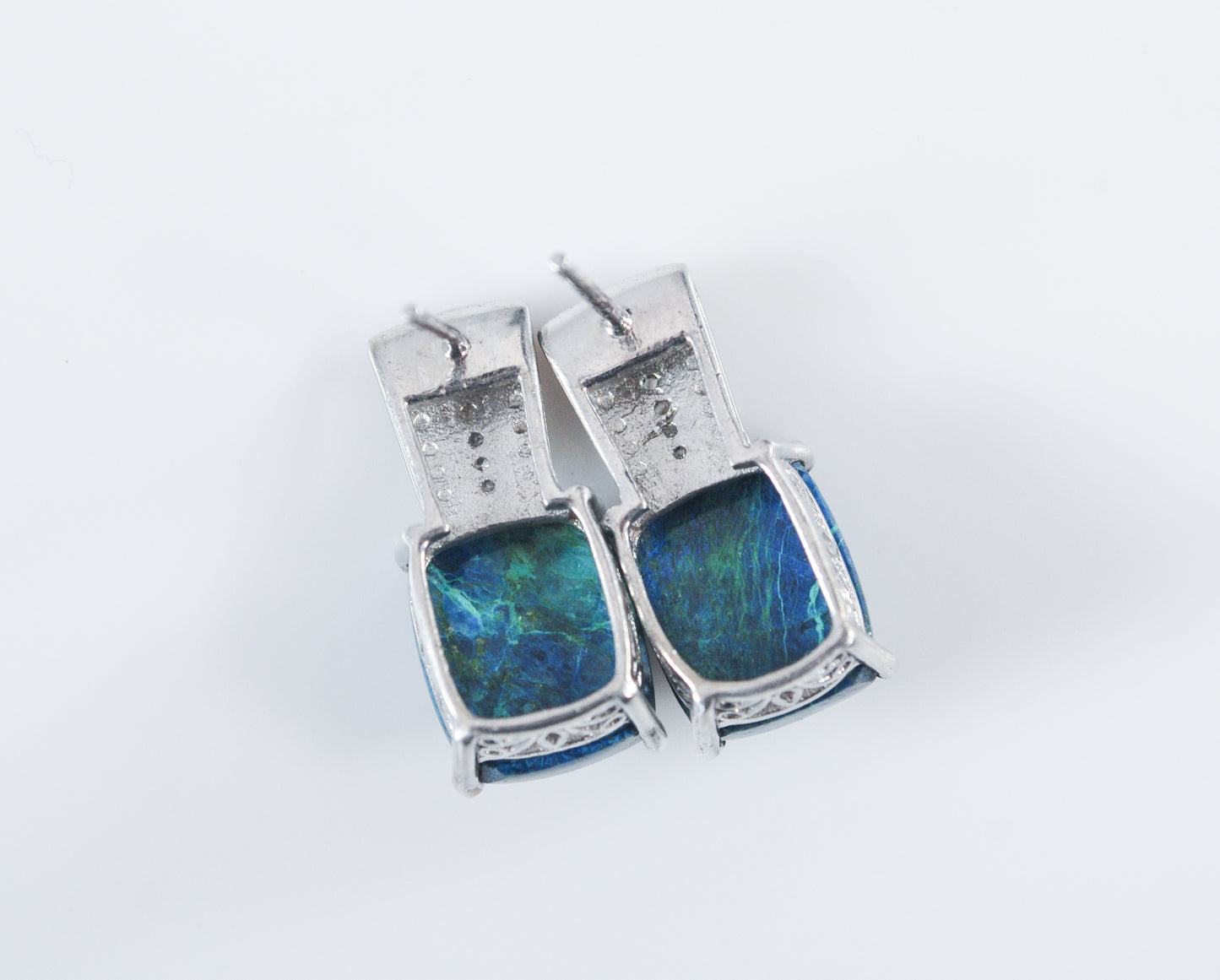 Signed Sterling Silver Chrysocolla Diamond Chip Earrings