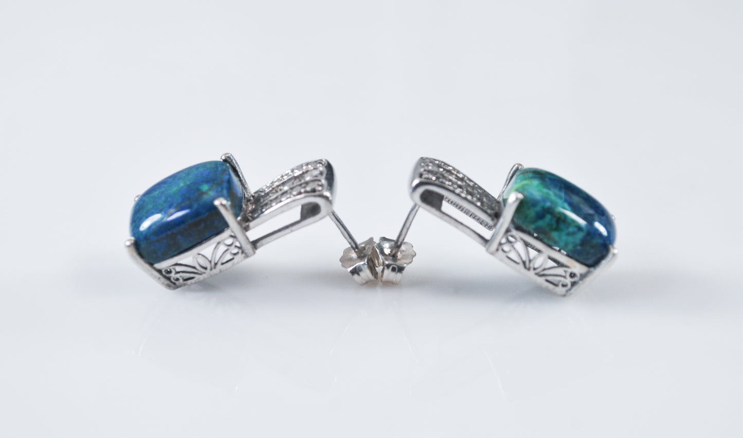 Signed Sterling Silver Chrysocolla Diamond Chip Earrings