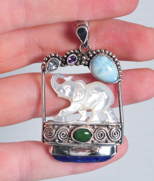 Large Sajen Sterling Silver Carved Mother of Pearl Elephant Pendant