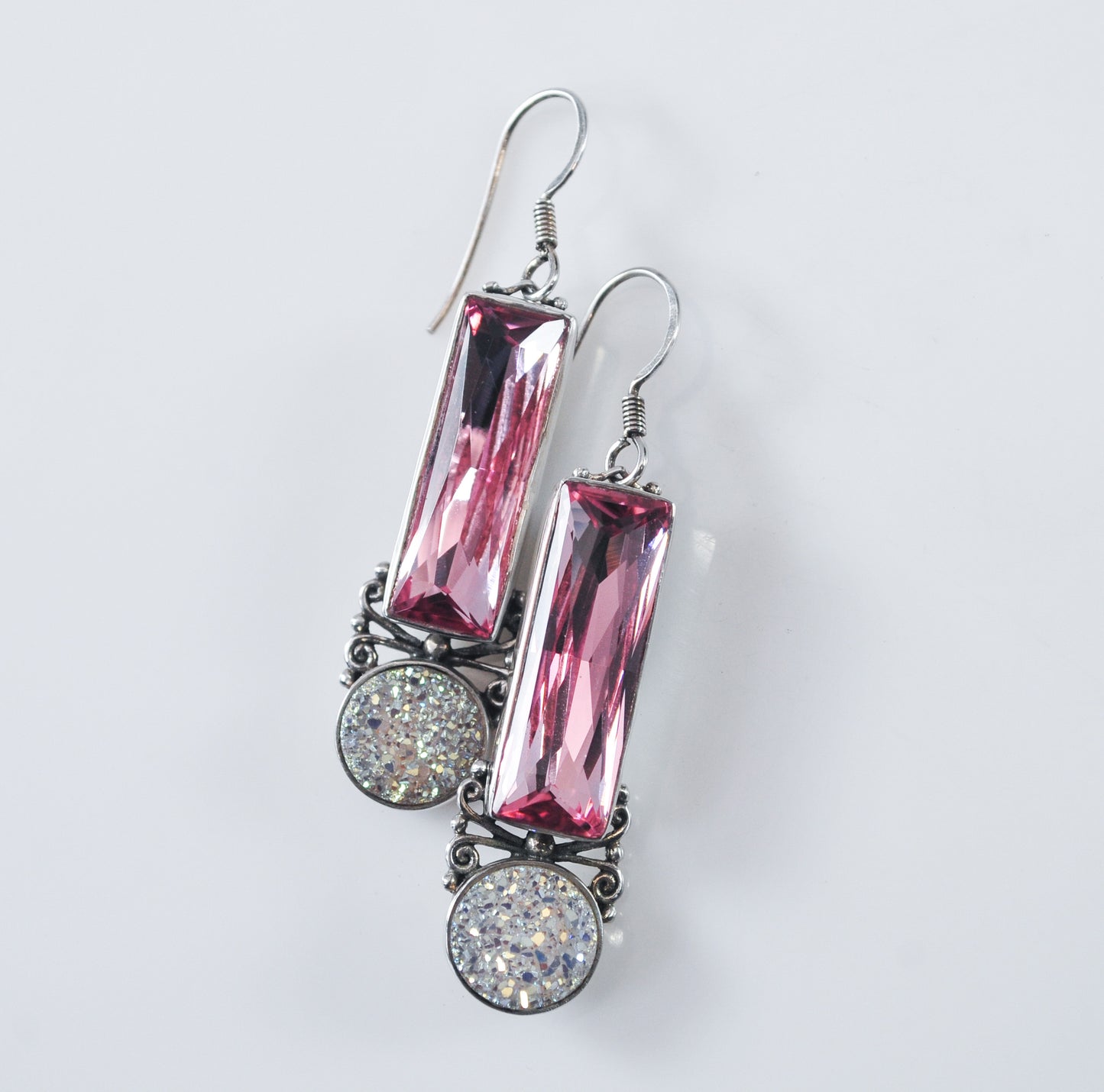 Long Sajen Sterling Silver Pink Bling Druzy Earrings