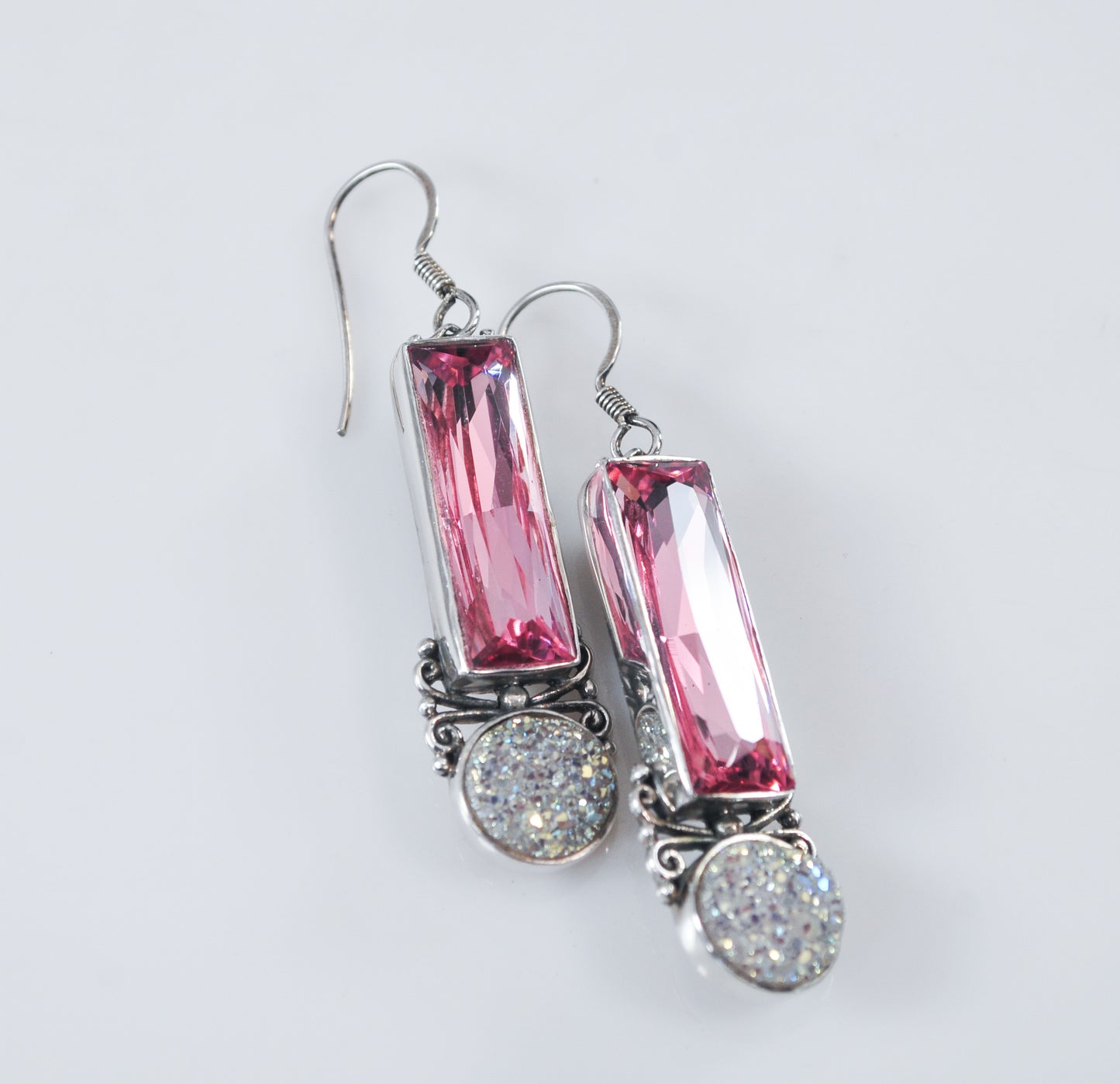 Long Sajen Sterling Silver Pink Bling Druzy Earrings