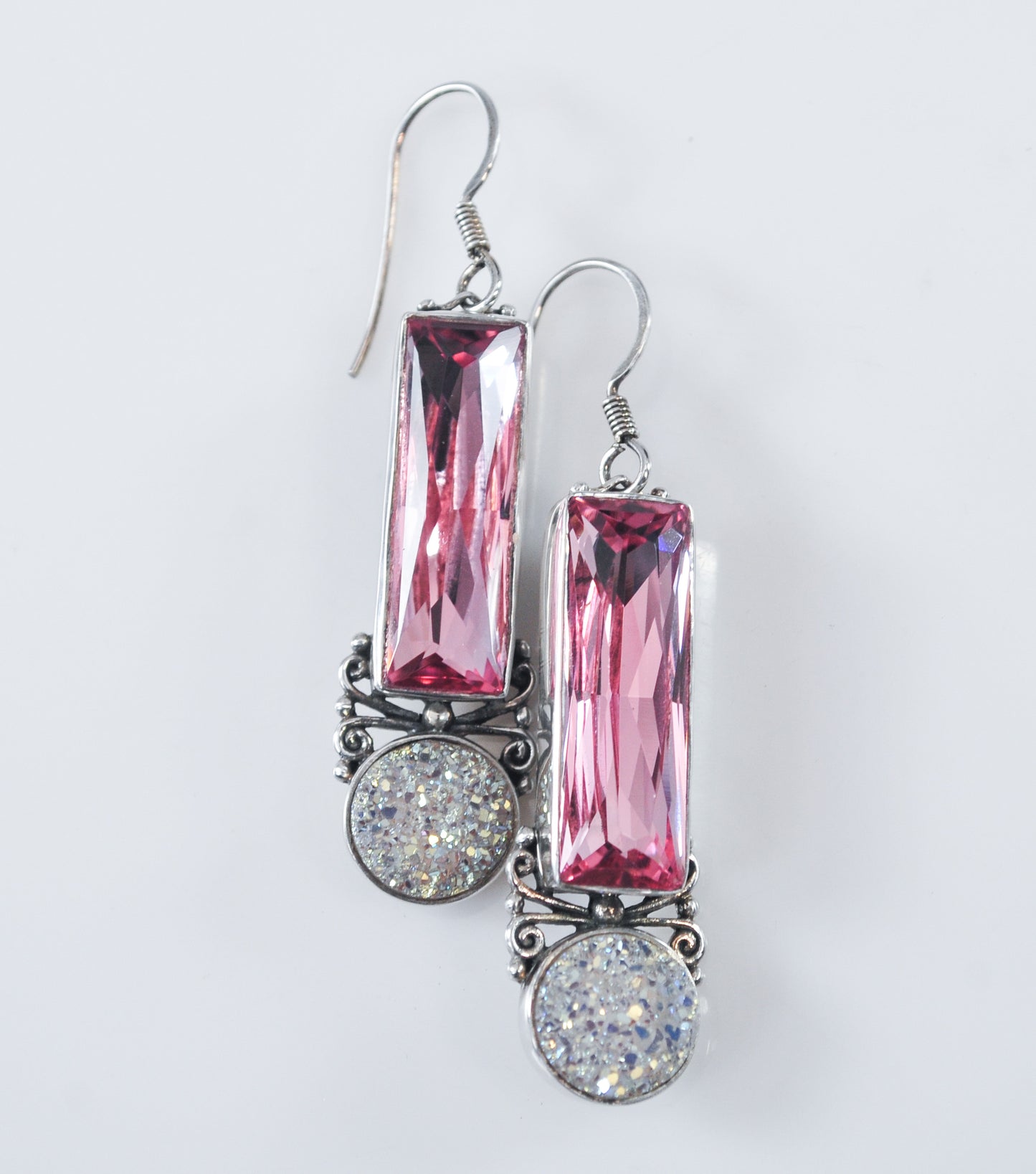 Long Sajen Sterling Silver Pink Bling Druzy Earrings