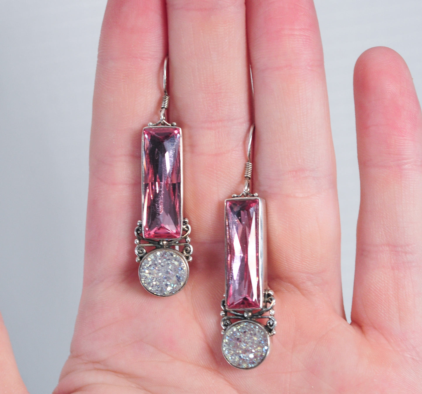 Long Sajen Sterling Silver Pink Bling Druzy Earrings