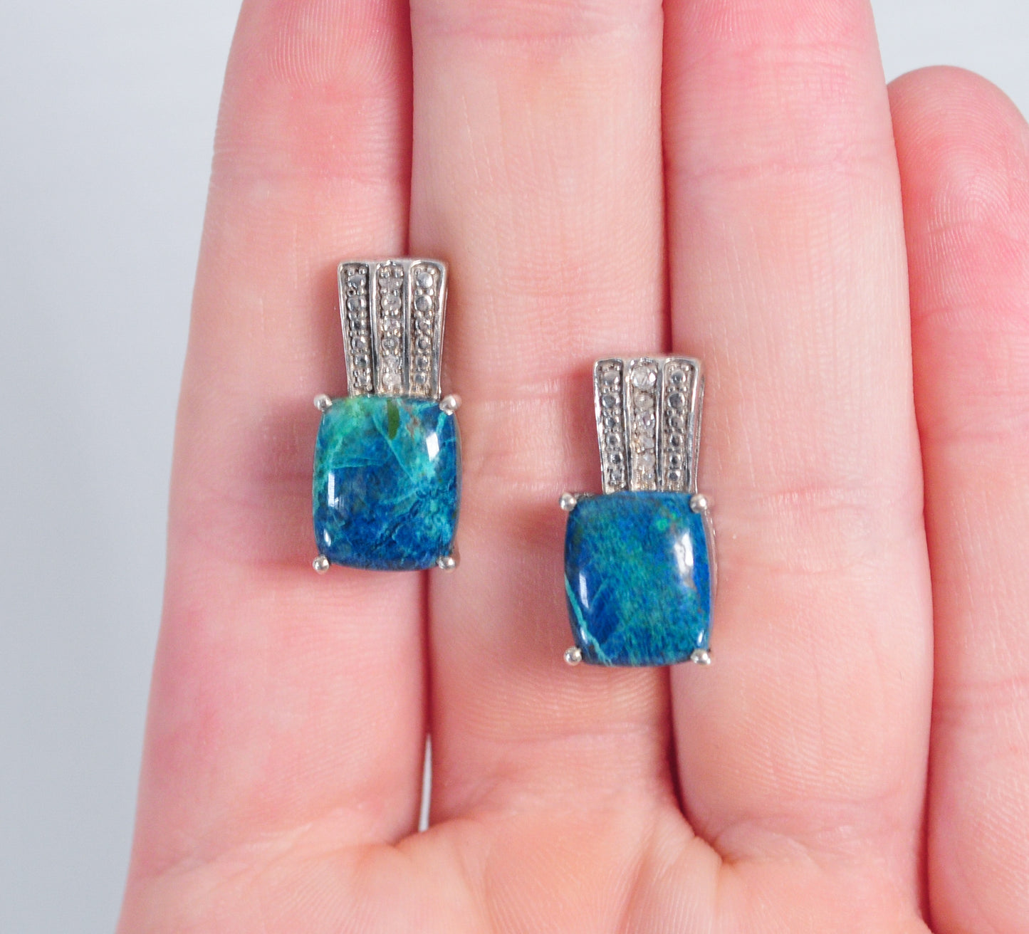 Signed Sterling Silver Chrysocolla Diamond Chip Earrings