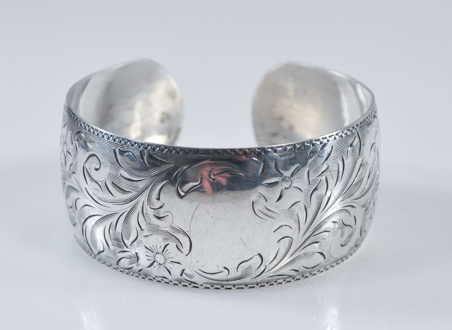 Vintage Wide Sterling Silver Floral Cuff Bracelet