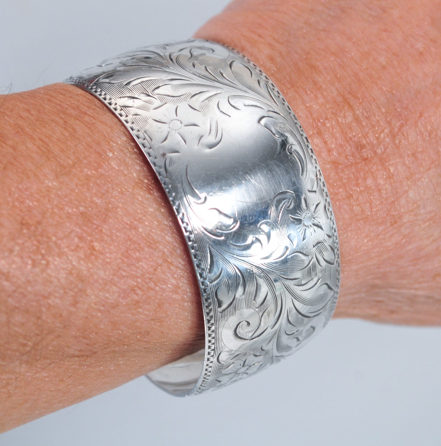 Vintage Wide Sterling Silver Floral Cuff Bracelet