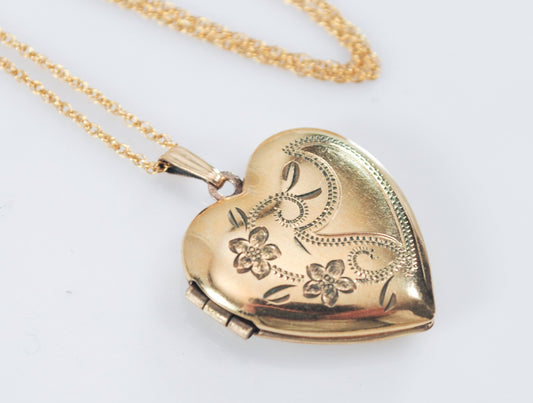 Vintage Gold Filled Floral Heart Locket Necklace