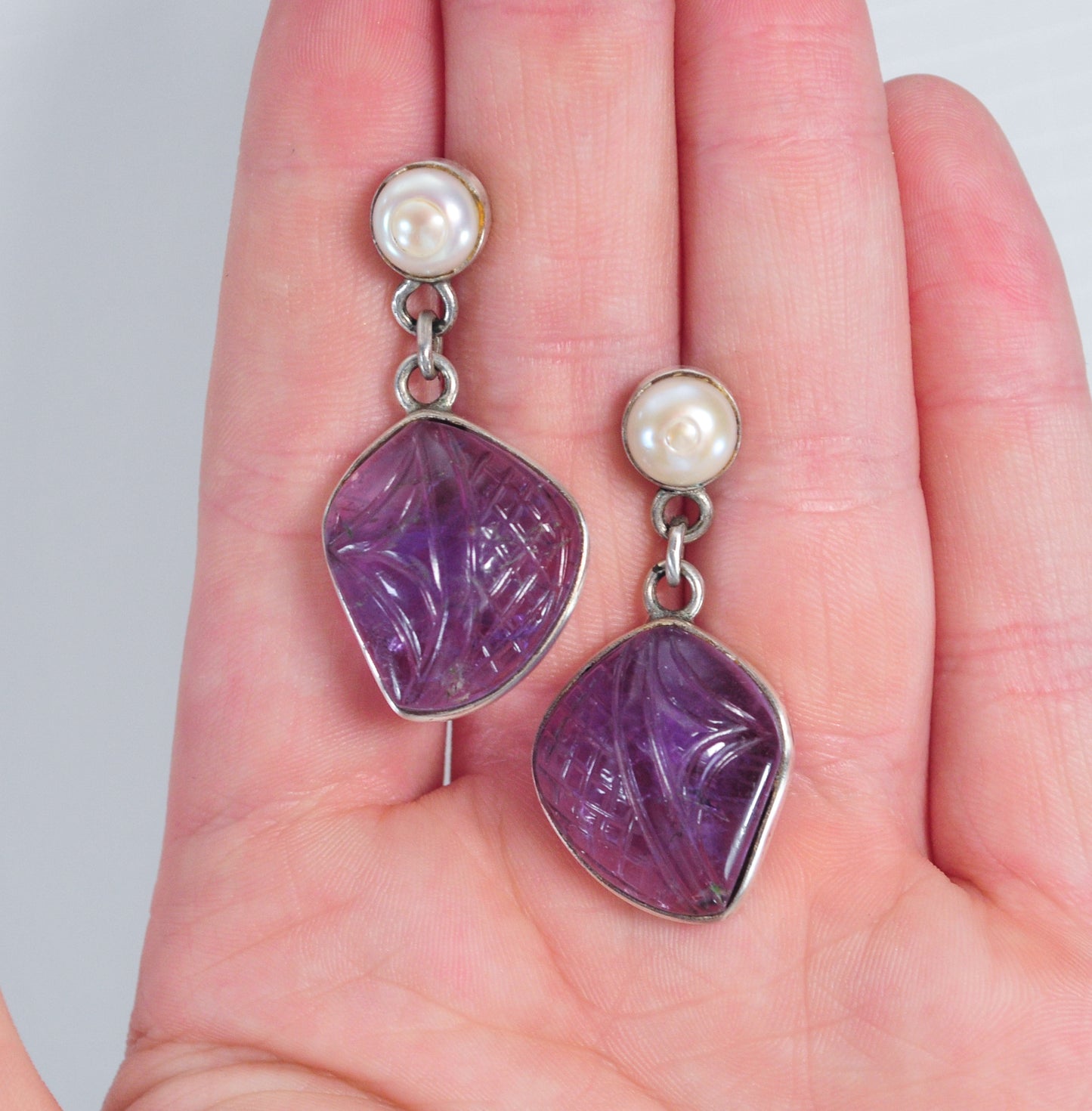 Carved Amethyst Sterling Silver Earrings