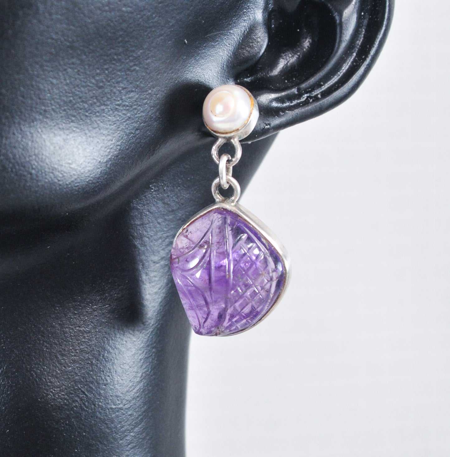 Carved Amethyst Sterling Silver Earrings