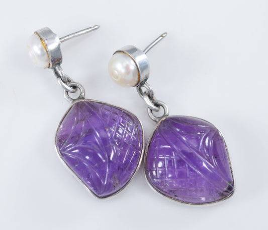 Carved Amethyst Sterling Silver Earrings