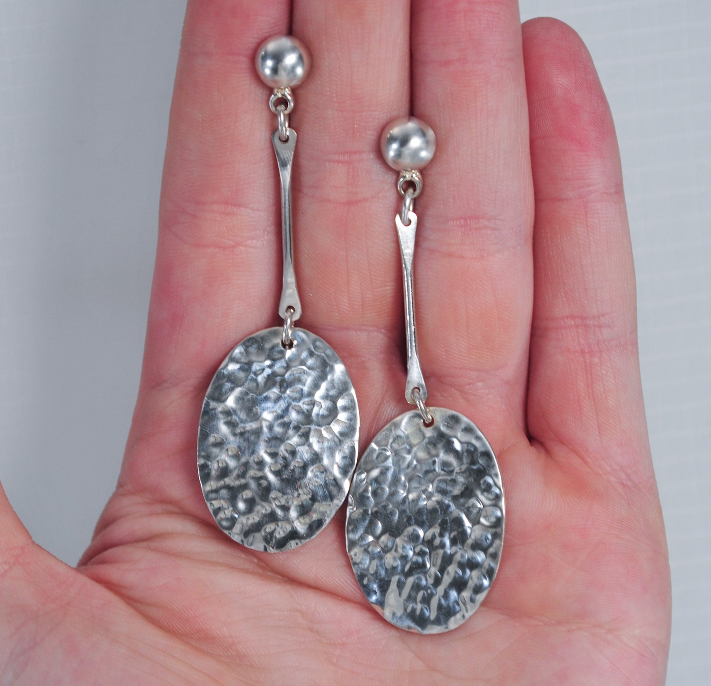 Long 925 Signed Sterling Silver Hammered Earrings