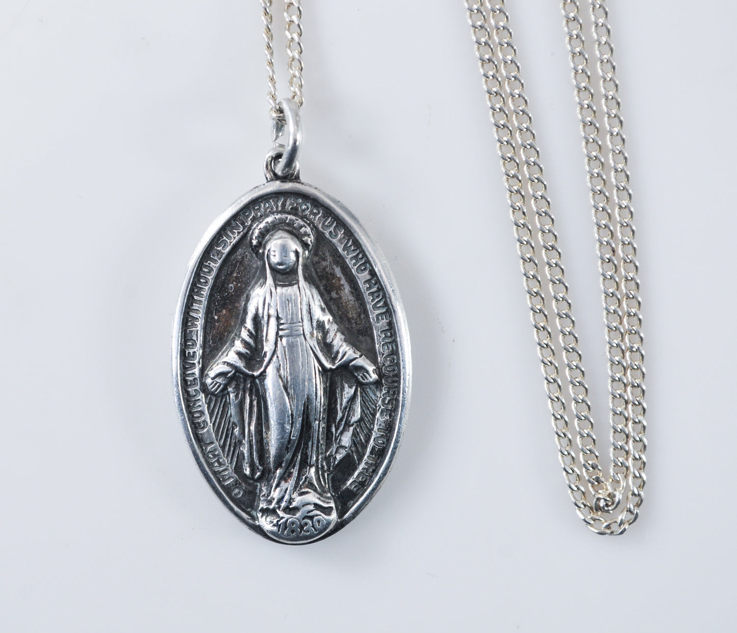 Large Vintage Sterling Silver Miraculous Medal Necklace