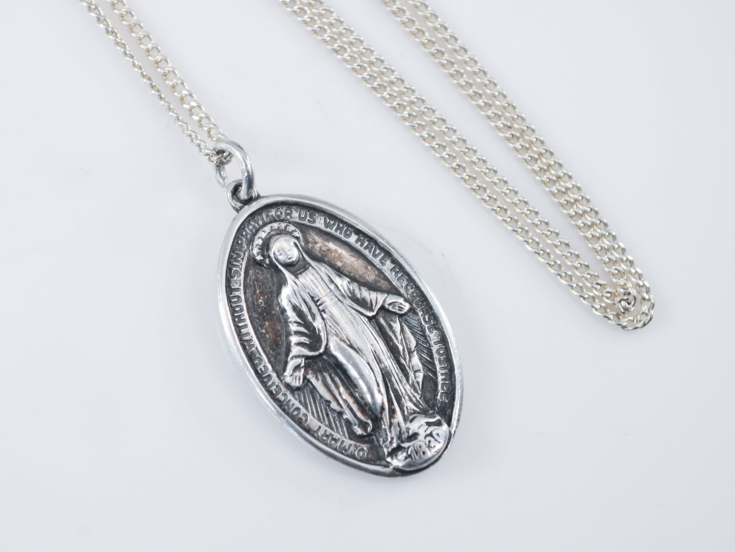 Large Vintage Sterling Silver Miraculous Medal Necklace