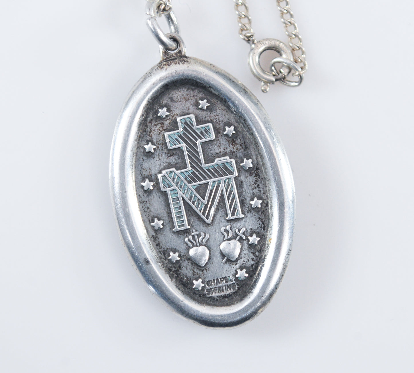 Large Vintage Sterling Silver Miraculous Medal Necklace