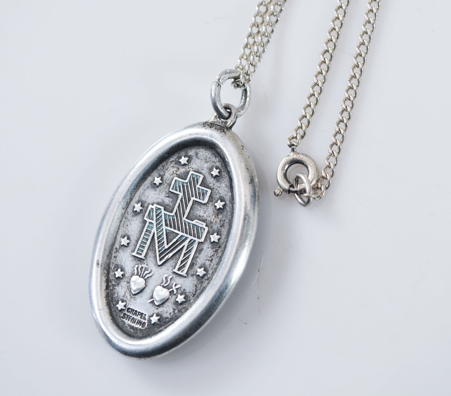 Large Vintage Sterling Silver Miraculous Medal Necklace