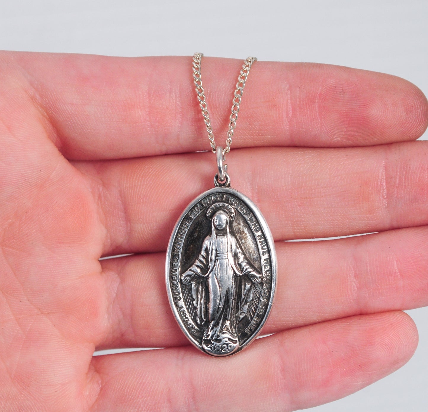 Large Vintage Sterling Silver Miraculous Medal Necklace