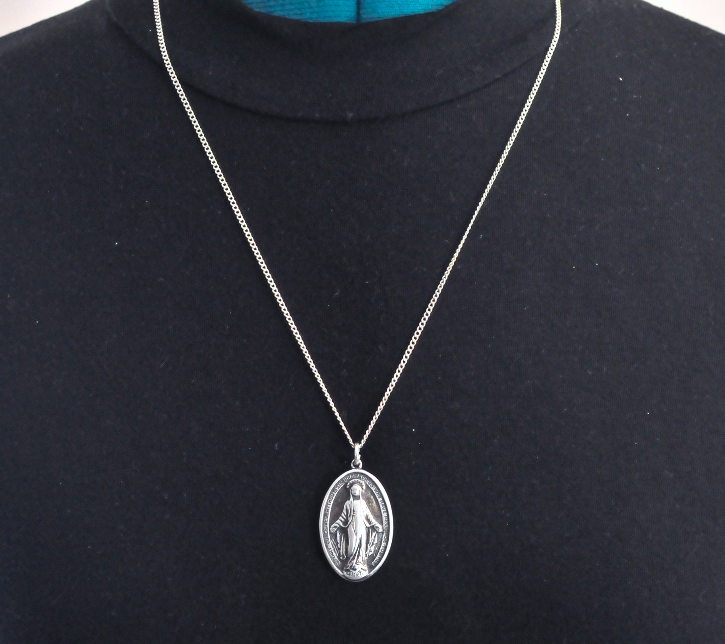 Large Vintage Sterling Silver Miraculous Medal Necklace