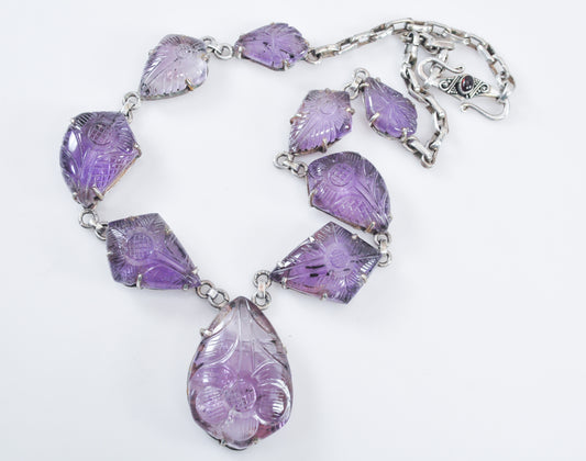 NOT AVAILABLE - Reserved for KT - Carved Amethyst Sterling Silver Bib Necklace