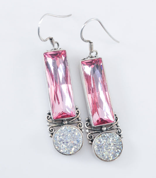 Long Sajen Sterling Silver Pink Bling Druzy Earrings