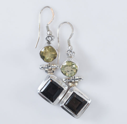 Geometric Sterling Silver Smoky Quartz Citrine Earrings