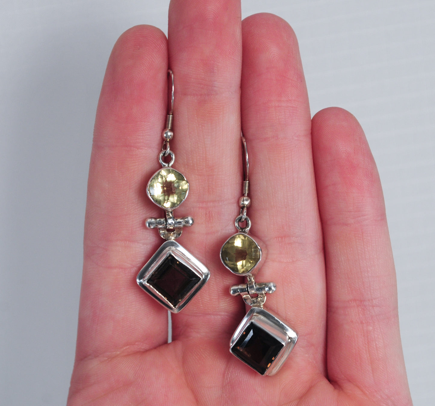 Geometric Sterling Silver Smoky Quartz Citrine Earrings