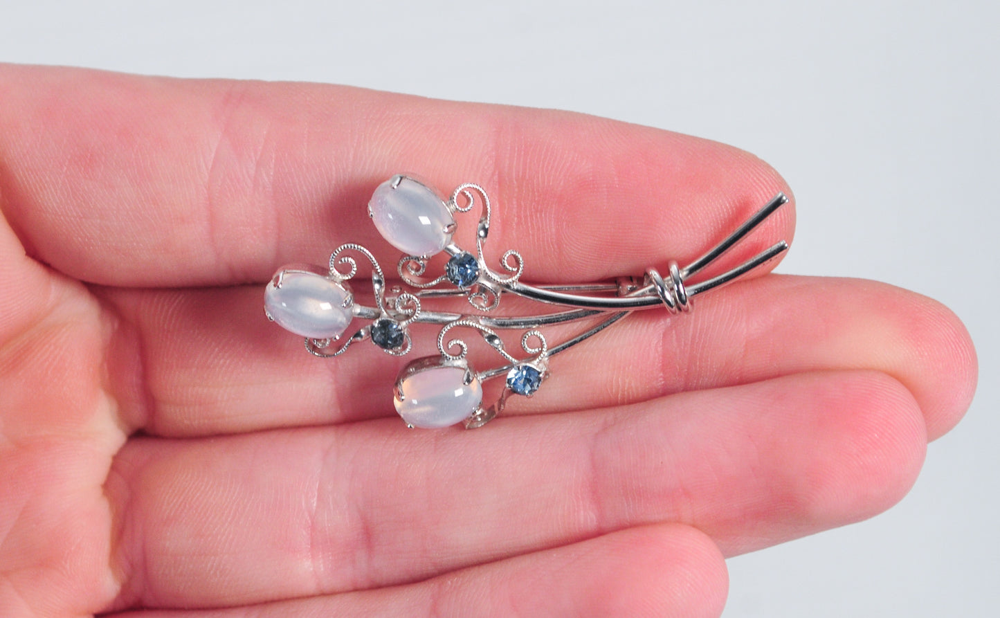 Vintage Sterling Silver Opalite Floral Brooch