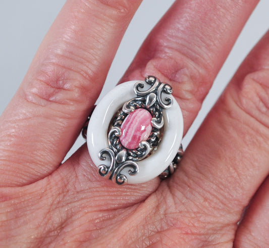 Carolyn Pollack Sterling Silver White Agate Rhodochrosite Ring