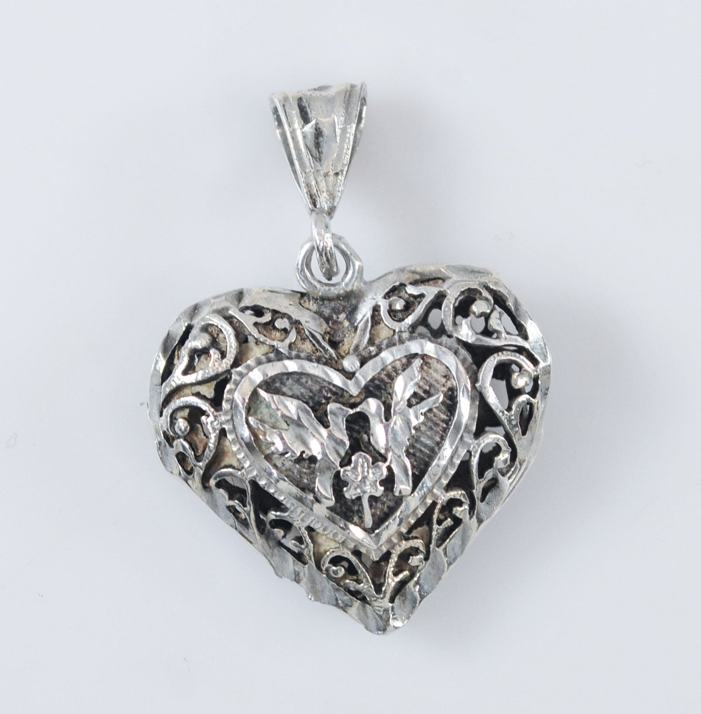 Sterling Silver Filagree Puffed Heart Love Bird Pendant