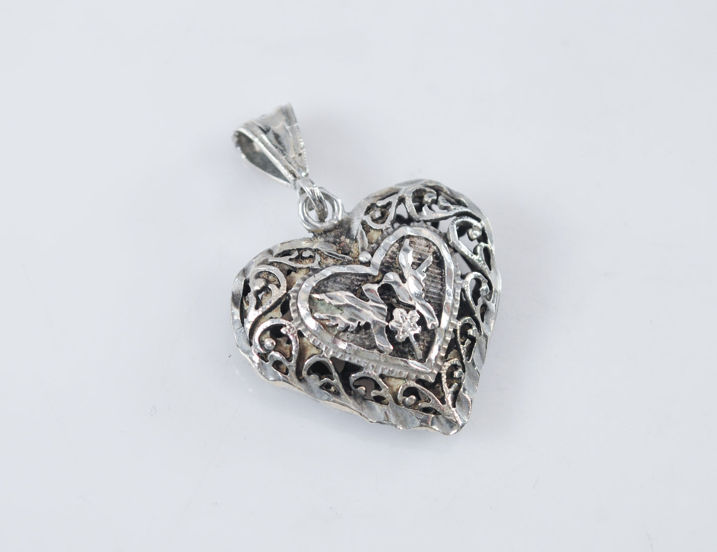 Sterling Silver Filagree Puffed Heart Love Bird Pendant