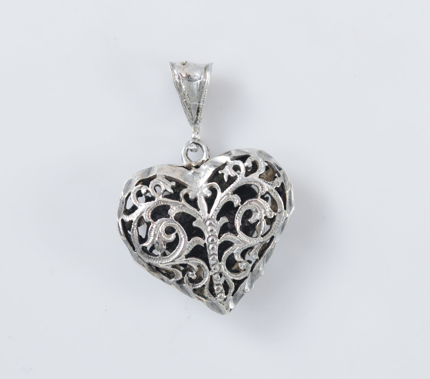 Sterling Silver Filagree Puffed Heart Love Bird Pendant