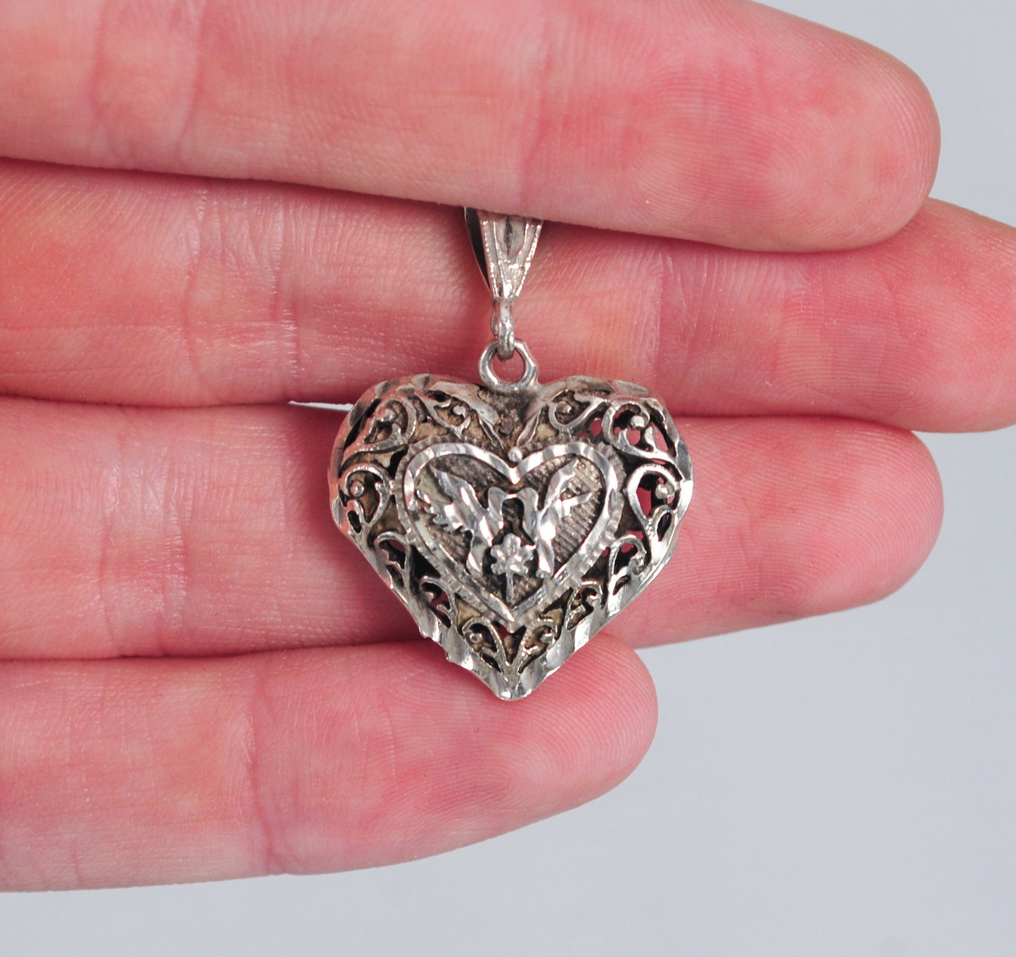 Sterling Silver Filagree Puffed Heart Love Bird Pendant